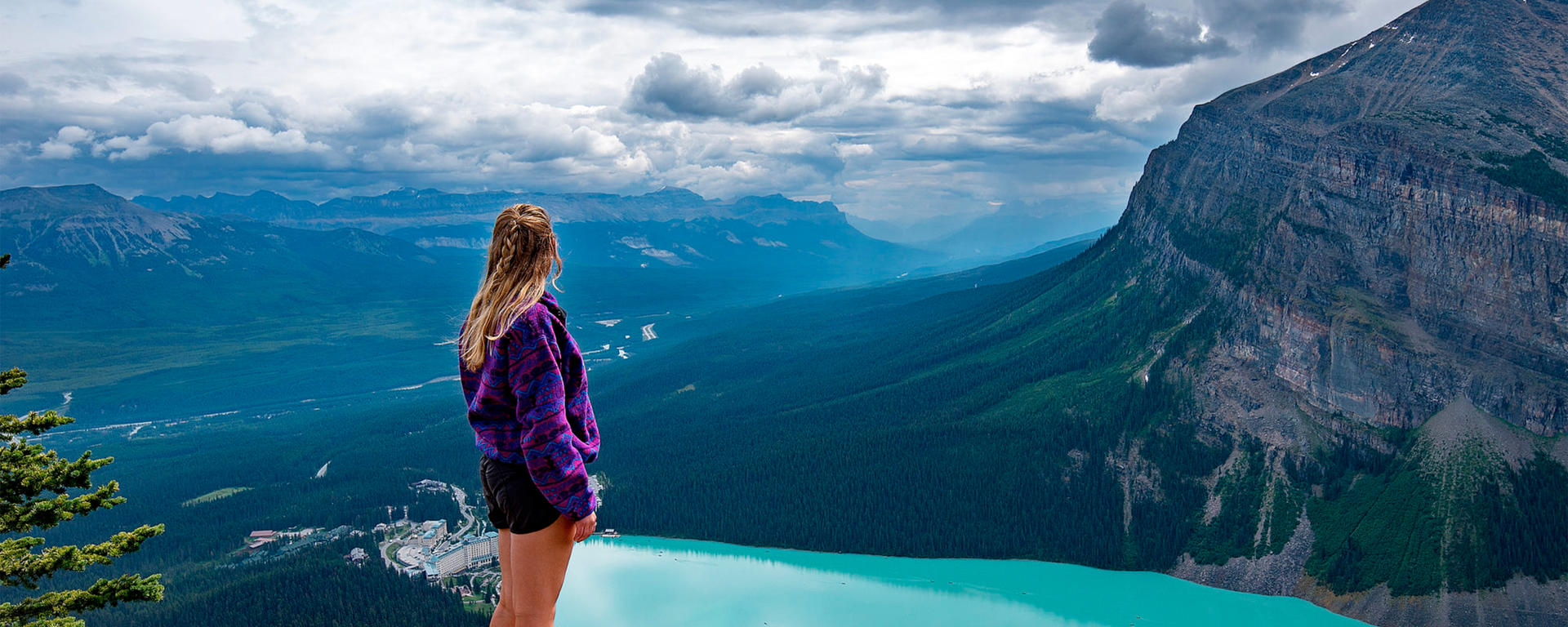 Person looking over Bow River basin near Lake Louise