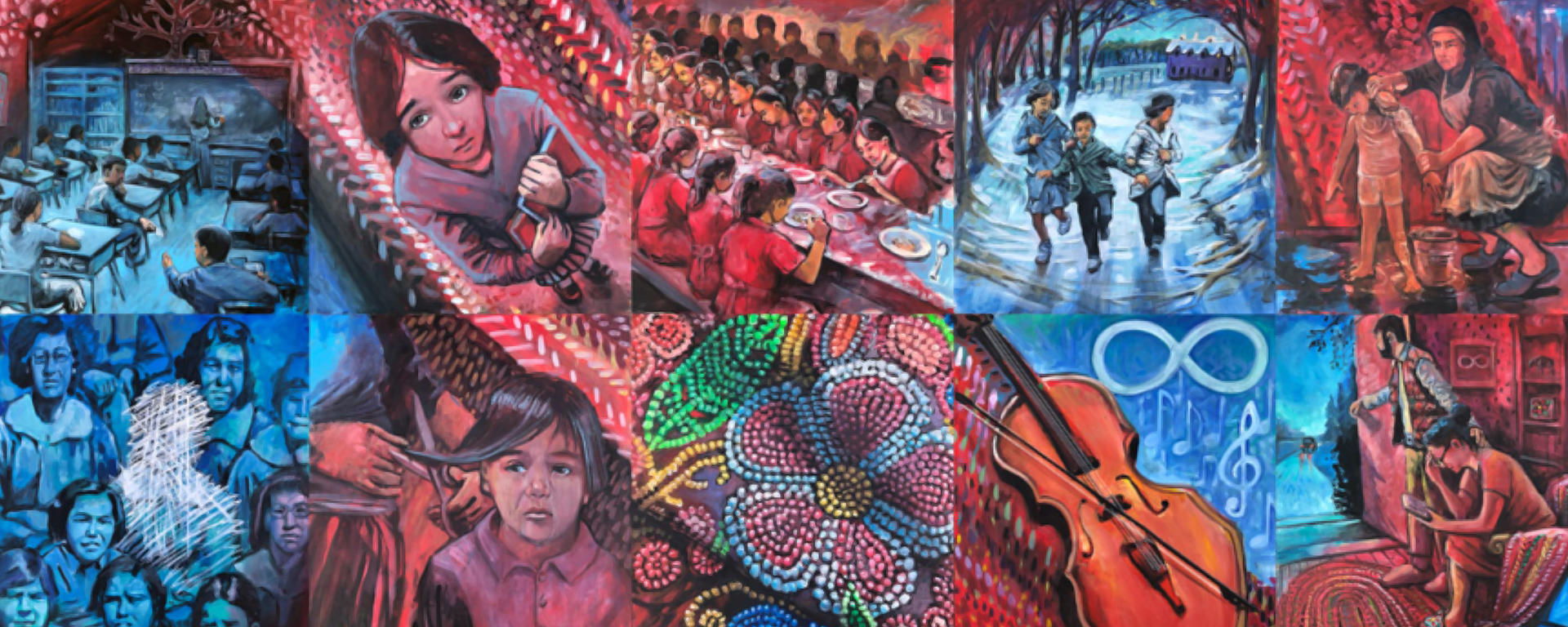 The Métis Memories of Residential Schools, A Testament to the Strength of the Métis mural mosaic honours the unique experiences of Métis survivors of Canada’s Residential School System  