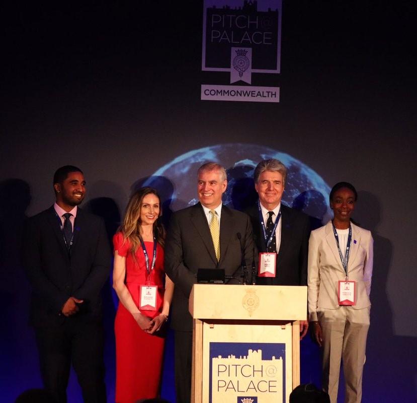 Prince Andrew, Duke of York and patron of the Pitch@Palace, centre, poses with winners of this year's Commonwealth Summit, including UCalgary alum Breanne Everett, second from left.