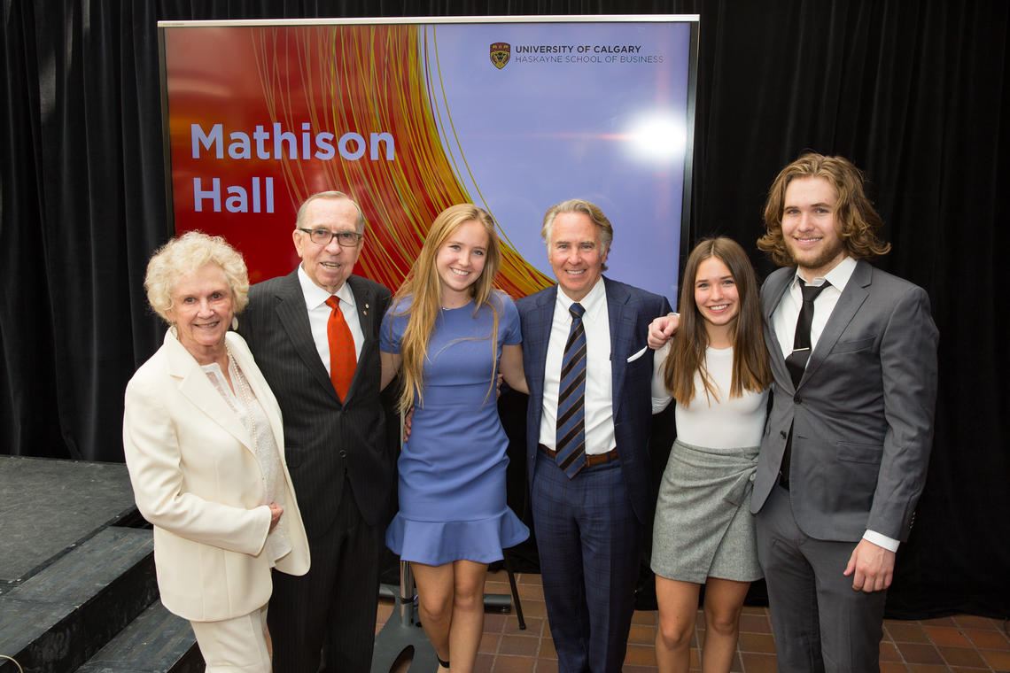 At the donation announcement, From left: Lois Haskayne, Dick Haskayne, Megan Mathison, Ronald P. Mathison, Anna Mathison, and Lucas Mathison. 