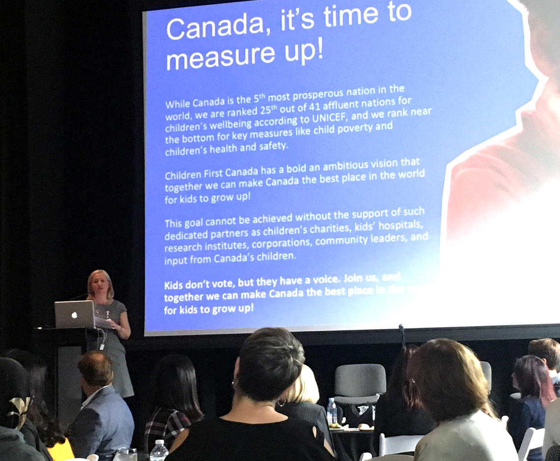 Sara Austin, founder and lead director of Children First Canada and CEO of the Sheldon Kennedy Child Advocacy Centre, speaks at the Raising Canada Summit in Calgary.