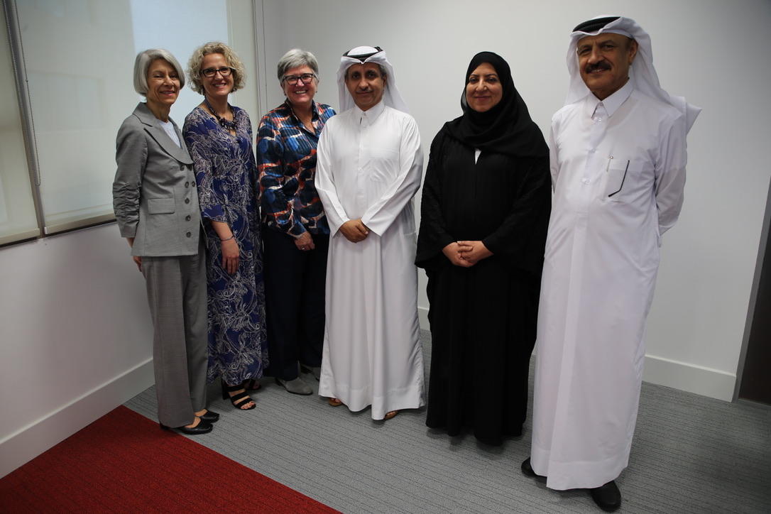 From left: University of Calgary in Qatar board members Karen Jackson, Sandra Davidson, Dru Marshall, Sheikh Khalid bin Jabor al-Thani, Nabila Al Meer, and Khalid al-Ali.
