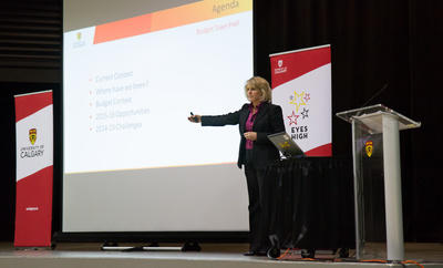 University of Calgary President Elizabeth Cannon leads a town hall meeting on Thursday, Oct. 17. Photo by Riley Brandt