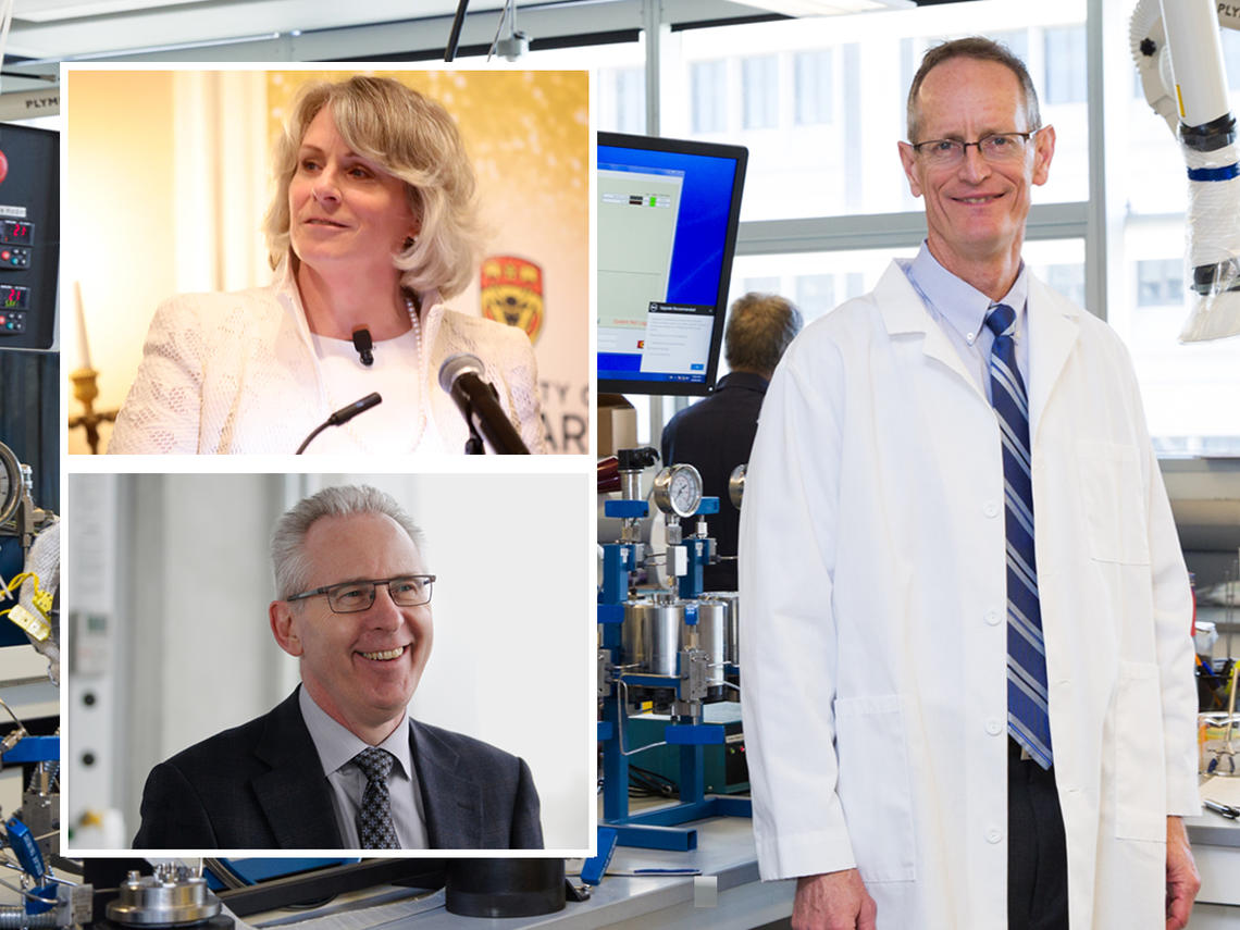 Leaders of the Global Research Initiative in Sustainable Low Carbon Unconventional Resources at the University of Calgary include President Elizabeth Cannon, Vice-President (Research) Ed McCauley, and Steven Bryant, Canada Excellence Research Chair in Materials Engineering for Unconventional Oil Reservoirs with the Schulich School of Engineering.