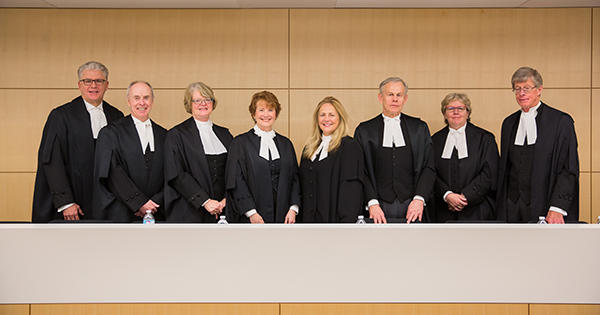 The justices of the Court of Appeal of Alberta, from left, Justice Bruce McDonald, Justice Jack Watson, Justice Patricia Rowbotham, Chief Justice Catherine Fraser, Justice Sheilah Martin, Justice Peter Martin, Justice Frederica Schutz, Justice Brian O'Ferrall made history while helping celebrate the law school's 40th anniversary.