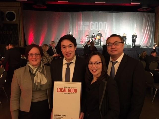 University of Calgary student Brennan O'Yeung at the awards ceremony with his parents, Kathleen and William O'Yeung, and Diane Kenyon, vice-president (university relations), and executive sponsor of the UCalgary United Way campaign.