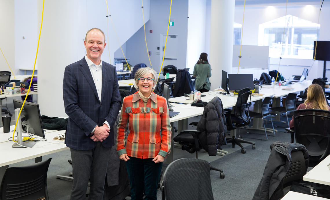 Councillor Druh Farrell, right, toured the new City Building Design Lab with John Brown, dean of the newly named School of Architecture, Planning and Landscape. Photo by Riley Brandt, University of Calgary 