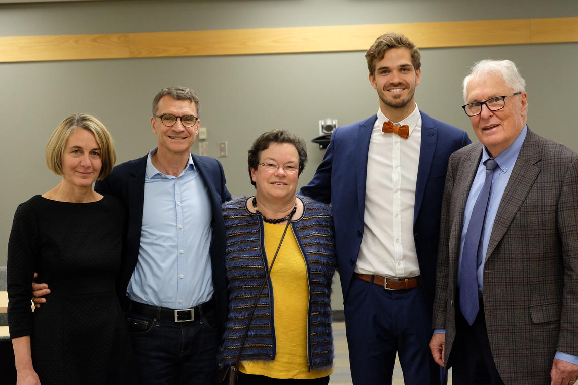 A group shot commemorates Maurice Mohr's PhD defense. From left: his step-mother Joanna Weihrauch-Mohr, father Bernhard Mohr, mother Christine Mohr, Maurice, and his supervisor Benno Nigg.