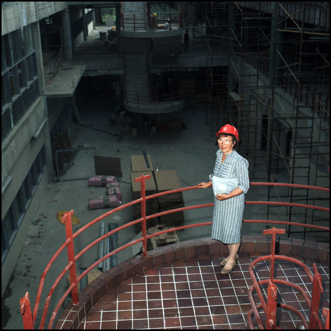 Sonia Scurfield, wife of Ralph T Scurfield namesake of Scurfield Hall inspecting the hall during construction