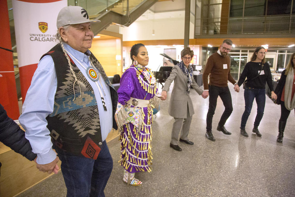 The round dance with Elder Reg, Indigenous dancer, Chancellor Yedlin and a few members of the CPC at the mid-cycle convening in January 2020 at the Taylor Institute