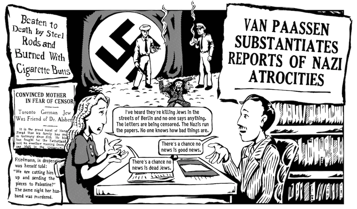 Excerpt from Christie Pits showing two characters (black and white illustrations) talking about the rising threat of Nazi violence