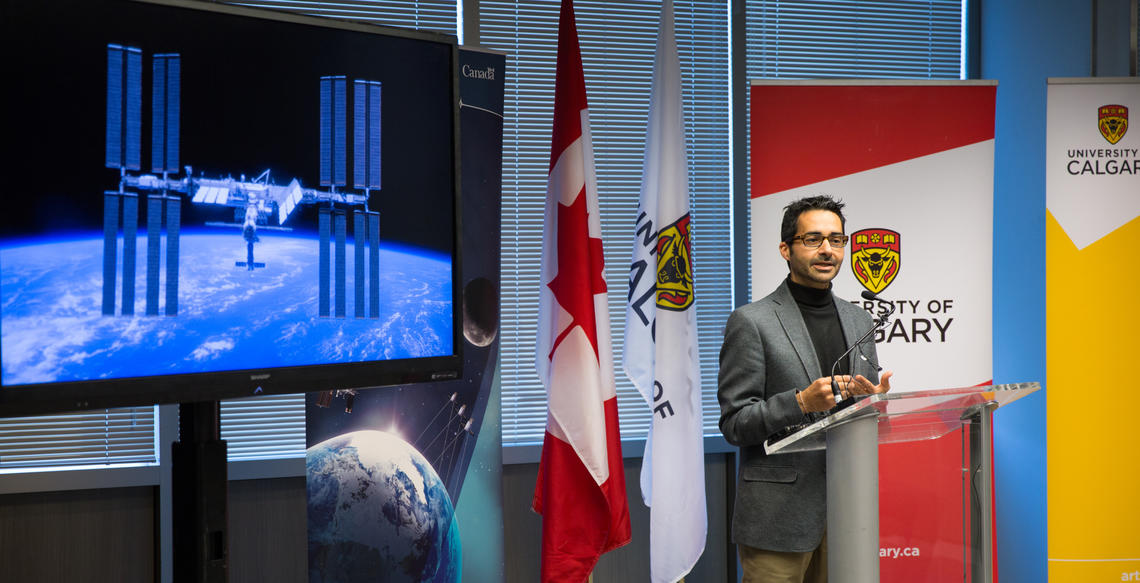  University of Calgary professor Dr. Giuseppe Iaria speaks at an event announcing a collaboration with the Canadian Space Agency 