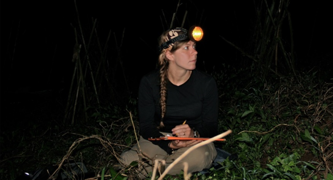 Kathleen Reinhardt pictured here in West Java, Indonesia, observing slow lorises in the wild at night