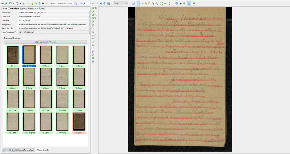 After analyzing the digital images of Minnie Ada Webb’s 1912 diary, Transkribus highlights the handwritten text to aid a transcriber.
