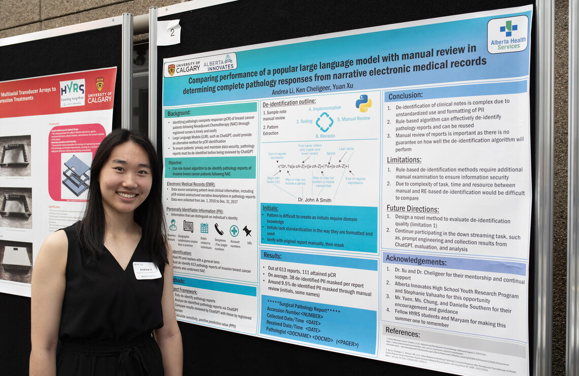 Andrea Li was a 2023 HYRS Student and stands in front of her poster at the open house event