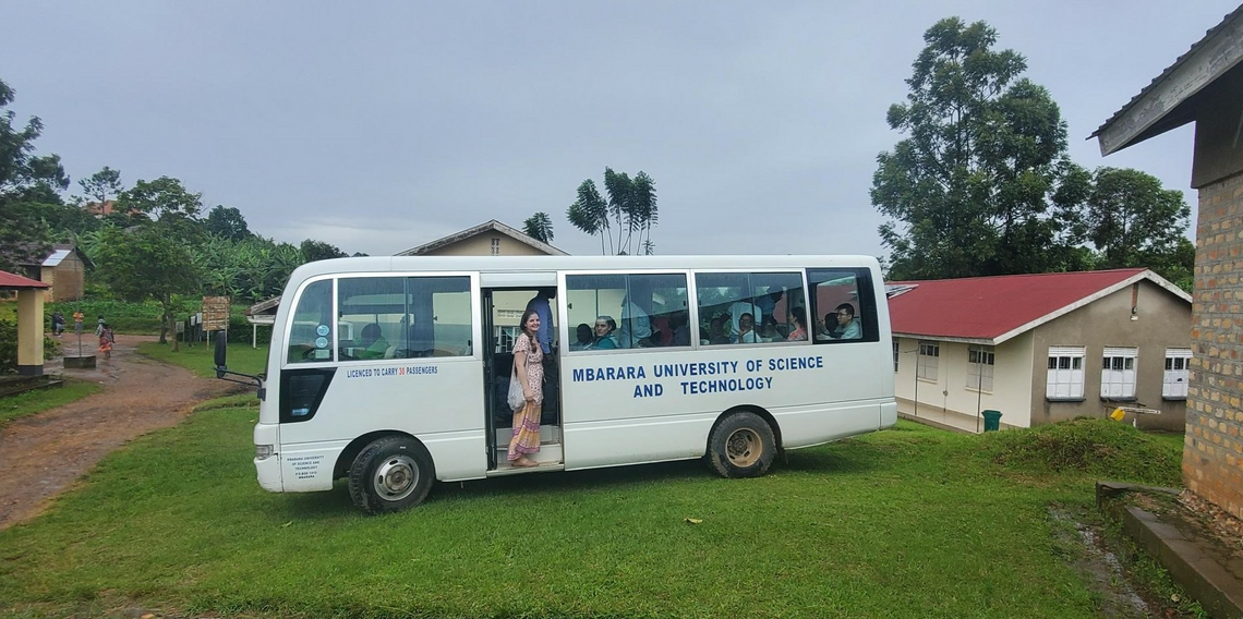 Student Sophie Pett boards the bus as UCalgary and Mbarara University of Science and Technology (MUST) students prepare to visit communities in southwest Uganda and explore ways to develop health promotion projects for youth.