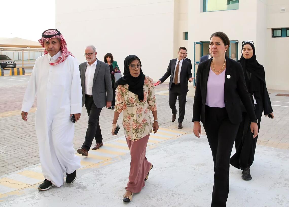 Sheikh Dr. Khalid bin Jabor Al-Thani, left, and Prof. Hala Sultan Saif Al-Easa, centre, accompany Premier Danielle Smith on a guided tour around UCQ campus.