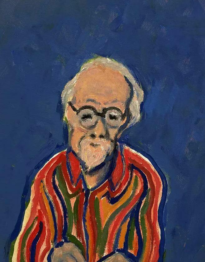 A self portrait done in oil of an older man with white hair and glasses, wearing an orange shirt on a dark blue canvas