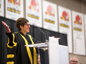 University of Calgary Chancellor, Deborah Yedlin speaks to the first-year students at the 2019 New Student Induction Ceremony.