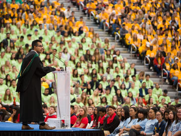 The University of Calgary’s 16th Rhodes Scholarship recipient Rahul Arora speaks to first-year students at the 2019 New Student Induction Ceremony.