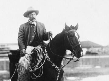 Jack Morton, rancher, on horseback, Standard area, Alberta.