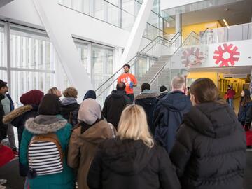 Open house attendees on campus tour