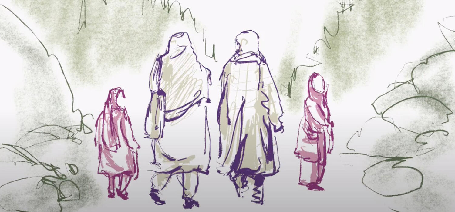 An illistration of two women and two childern walking together