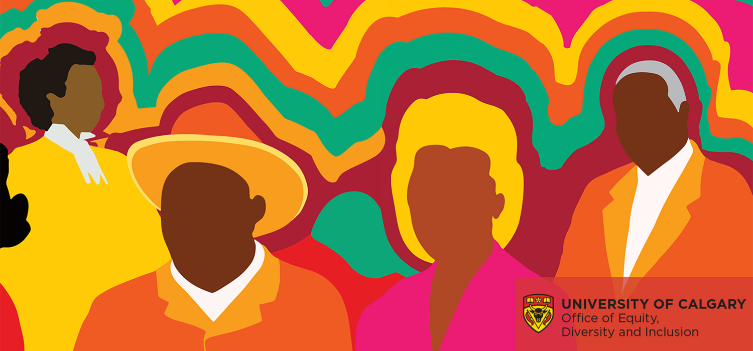 A minimalist drawing of a variety of Black people gathered together in front of a bright multicoloured background.