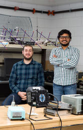 Tushar Sharma, third from left, a graduate student at iRadio Lab in the Department of Electrical and Computer Engineering at the Schulich School of Engineering, poses with fellow engineers. From left: David Garrett, Anis Ben Arfi, Sharma, and Bruce Buffalo.