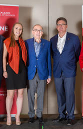 With Elizabeth Cannon, president and vice-chancellor of the University of Calgary (far right) are, from left: Jim Dewald ,dean, Haskayne School of Business; Ally Penic, Haskayne undergraduate student; Richard F. Haskayne; and Derrick Hunter, 2018 recipient of the Management Alumni Excellence Award.