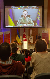 University of Calgary students attend a virtual video address by Ukrainian President Volodymyr Zelenskyy