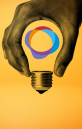 Yellow background with the image of a hand holding the shape of a lightbulb, and the Canadian Innovation Space logo in the middle.