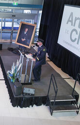 Lorne Miller, cancer patient and City of Calgary firefighter, speaks at the gift and naming announcement at the new Arthur J.E. Child Comprehensive Cancer Centre.