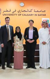 Danielle Smith with the students and employees of the University of Calgary in Qatar