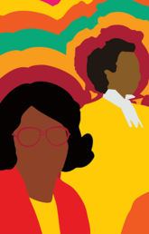 A minimalist drawing of two Black people in front of a multicoloured background.