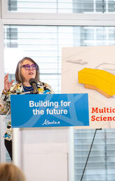 Dean Kristin Baetz speaking on new Science Hub 