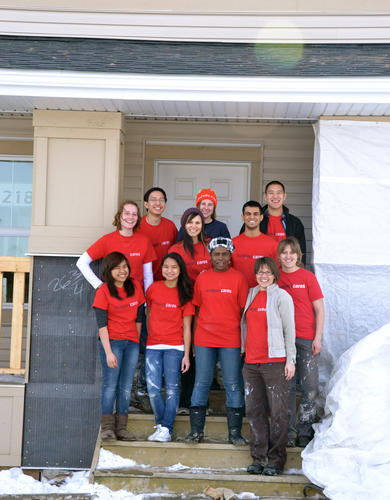 University of Calgary students volunteer at Habitat for Humanity as part of the ucalgarycares BSD Day of Service, an alternative to the traditional Bermuda Shorts Day celebration.
