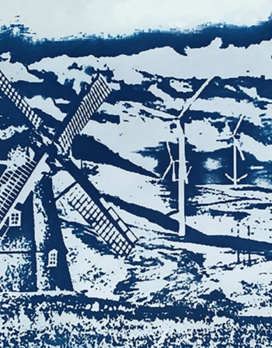 Cyanotype artwork, a field of blue and white wind turbines with a windmill in the foreground.